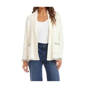 NEW KAREN KANE contrast stitch open front cardigan sweater in off white with nav